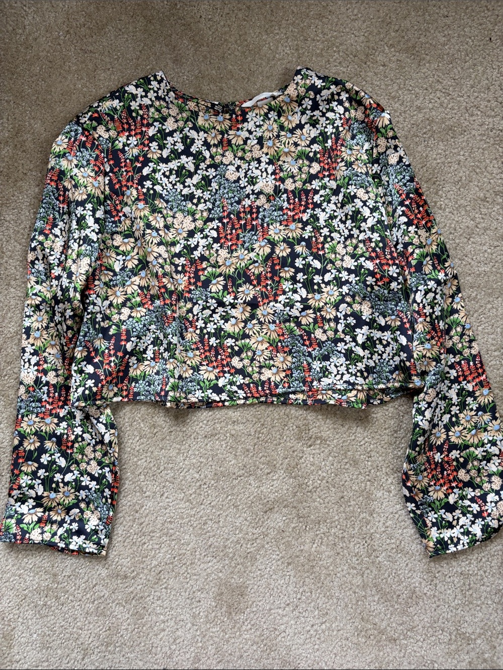 Floral Crop Top H&M Womens M Satin Long Sleeve Cottage Whimsy Boho 90s Y2K